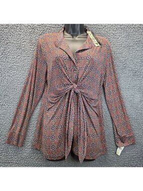 Robert Kitchen Medallion Print Knot Front Blouse L Purple Artsy Festival Office